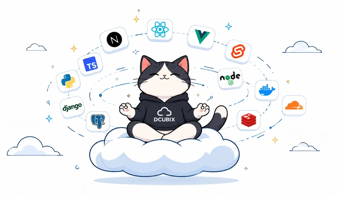 A cat in a Dcubix hoodie sits calmly on a cloud, with framework and tool logos circling it.